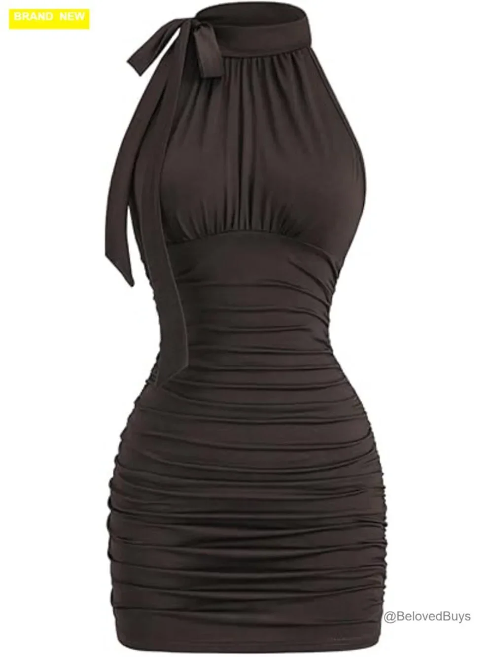 Women's Halter Neck Ruched Bodycon Mini Dress Sleeveless Slim Fit Summer Rave